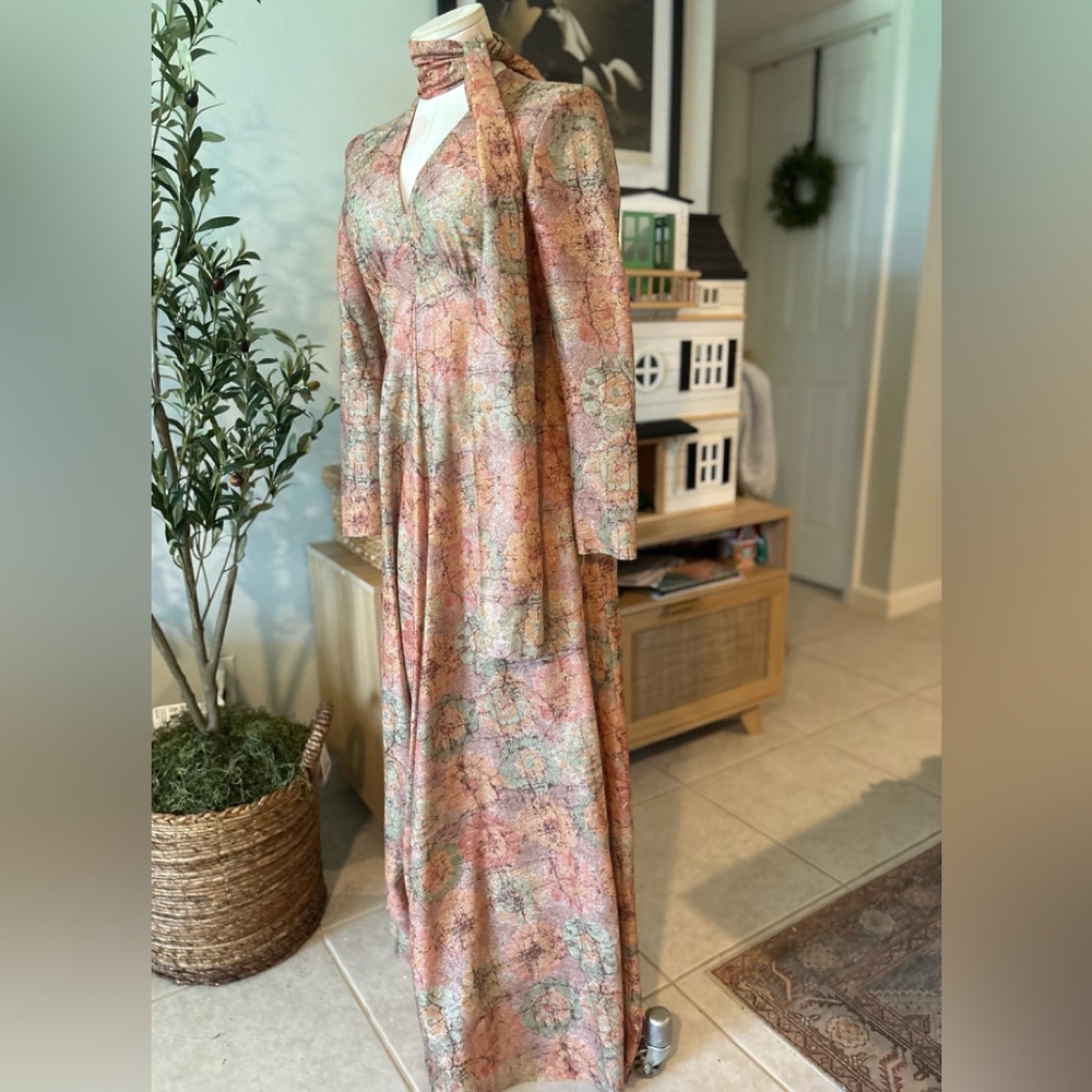 Victor Costa Vintage 70s Multicolor Floral Long Sleeve Maxi Dress - Picture 4 of 7